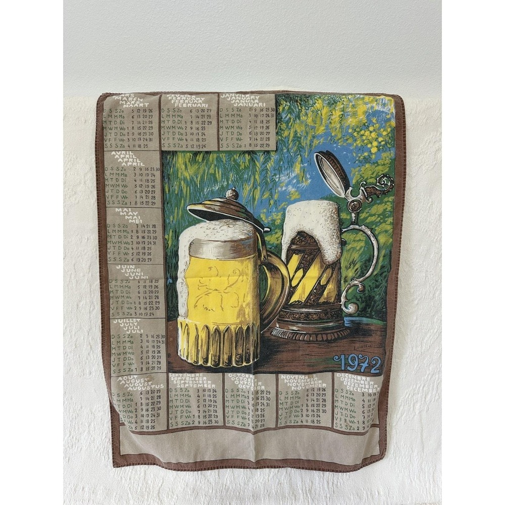 Vintage 1972 French Calendar Tea Towel Beer Stein Locatelli